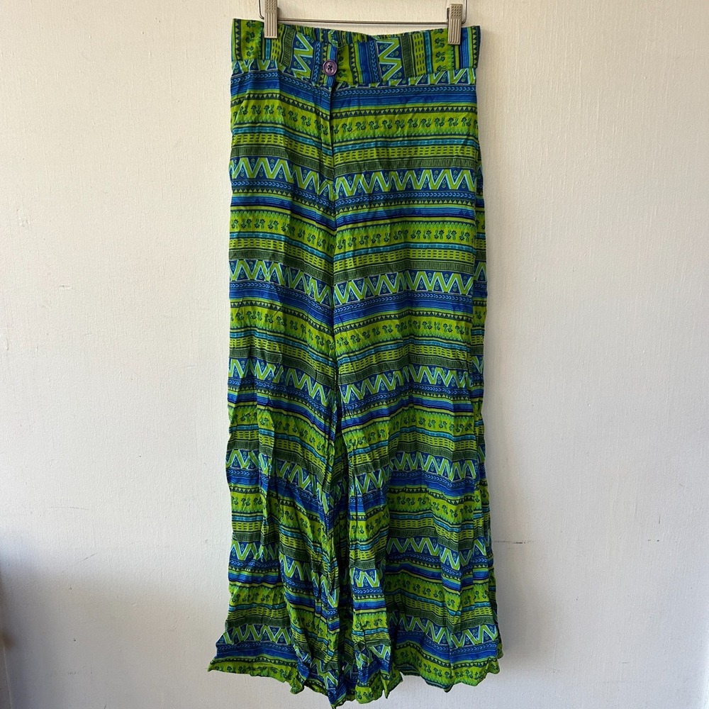 Global Desi Wide Leg Flowy Pants Womens Small Green Blue Hippie Granola Boho
